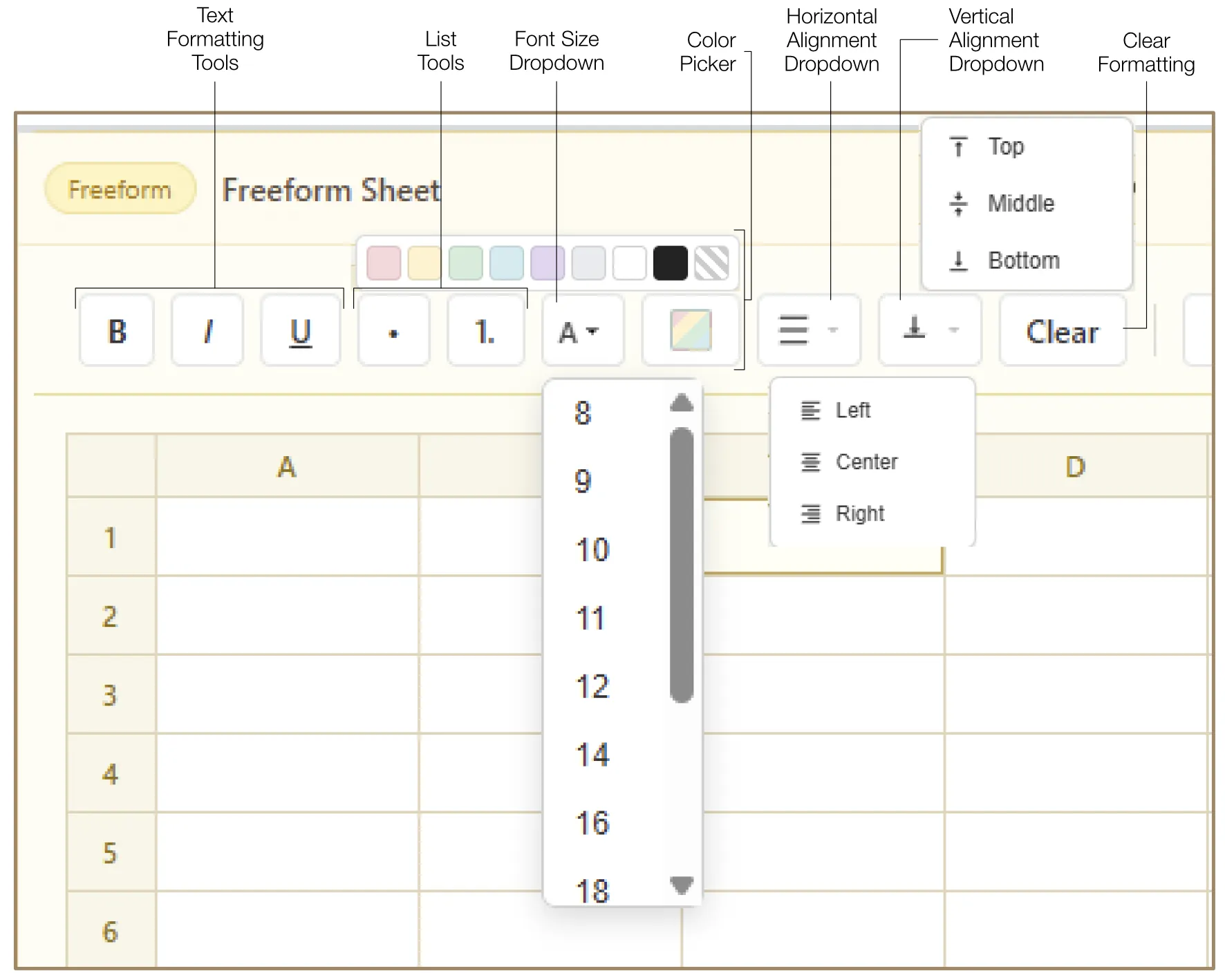Freeform spreadsheet expanded grid with formatted data and calculations